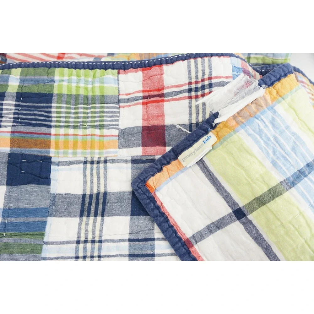 Pottery Barn Kids Quilt Twin Multicolor Madras Plaid Patchwork Cotton VGC